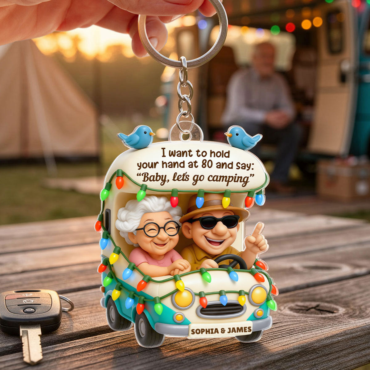 Old Couple Baby Let's Go Camping - Personalized Acrylic Keychain - Gift For Her, Gift For Him, Gift For Couple