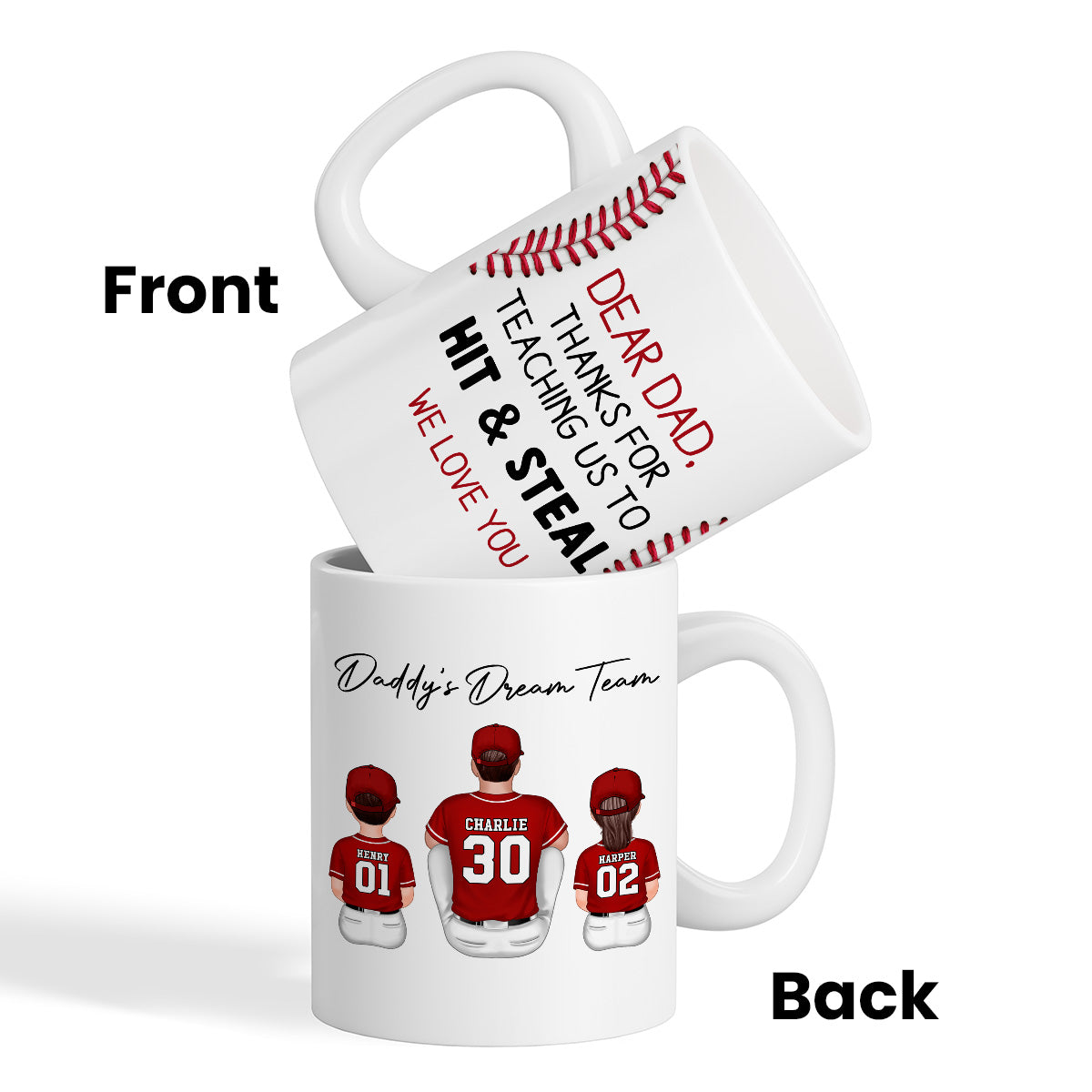 Thank You For Teaching Us To Hit & Steal Back View Baseball Dad & Kids - Personalized Mug - Father's Day Gift For Dad, Husband
