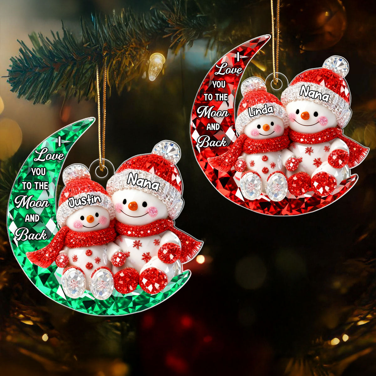 3D Crystal Effect Snowman Grandma Grandkid on Moon - Personalized Acrylic Ornament - Christmas Gift for Grandma, Grandkids