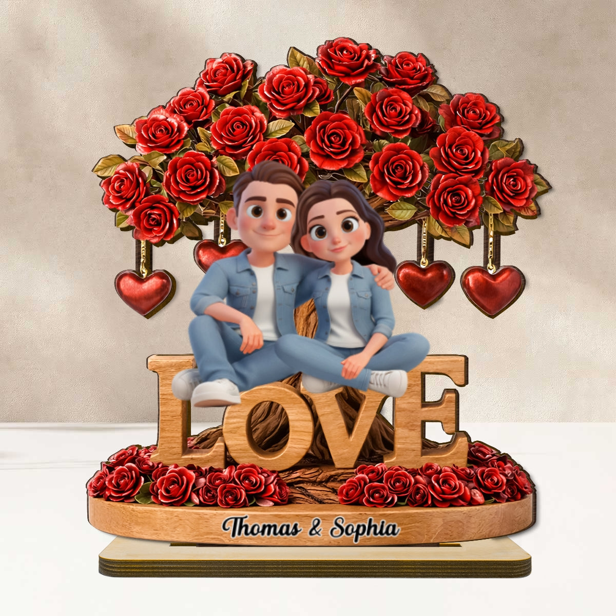 Couple Love Rose Tree Valentine's Day - Personalized 2-Layered Wooden Plaque - Sentimental Gift for Her, for Him