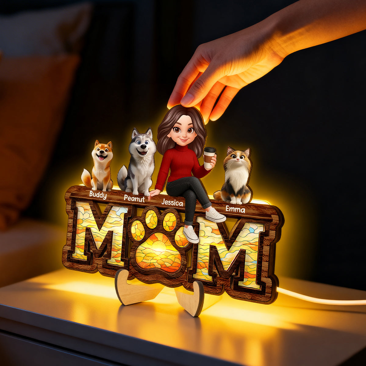 Mom And Dog Cat Paw Sign - Personalized Wooden Frame With LED - Heartfelt Gift For Dog Mom, Cat Mom