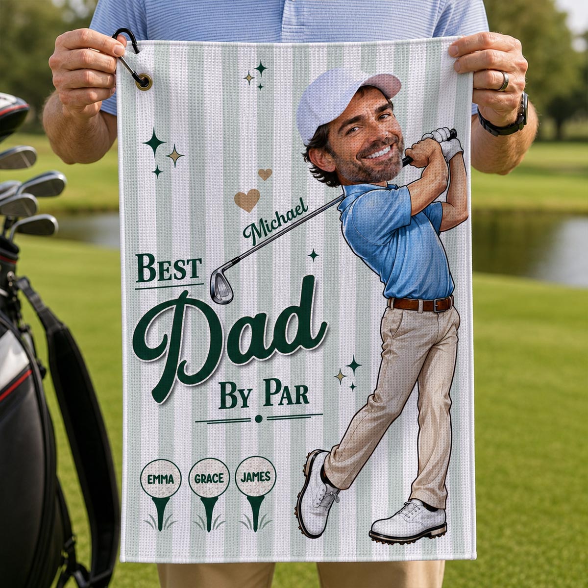 Best Dad Grandpa By Par Custom Photo Caricature Style - Personalized Golf Towel - Father's Day Gift For Golfers