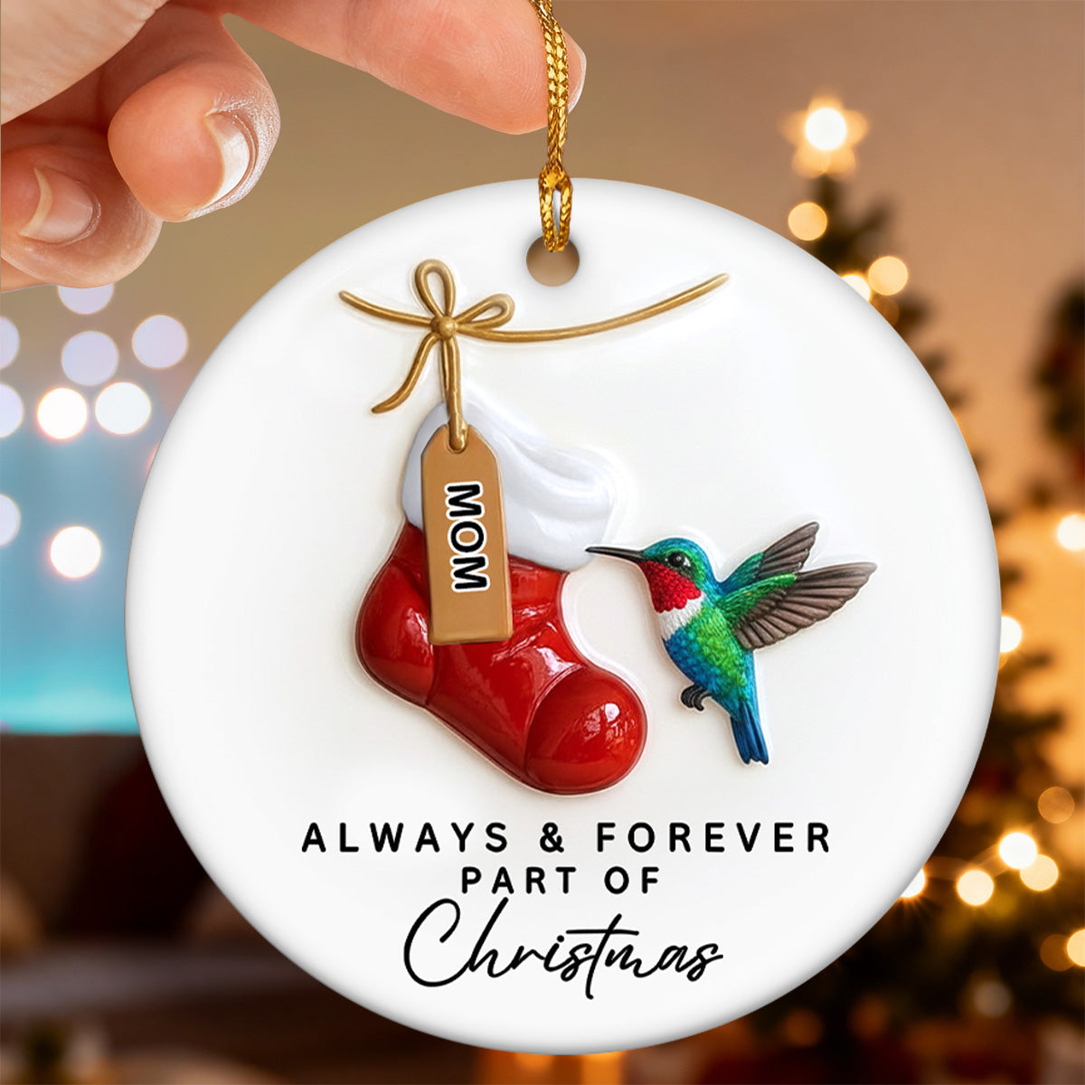 3D Effect Robin Cardinal On Stocking Always & Forever Part Of Christmas - Personalized Ceramic Ornament