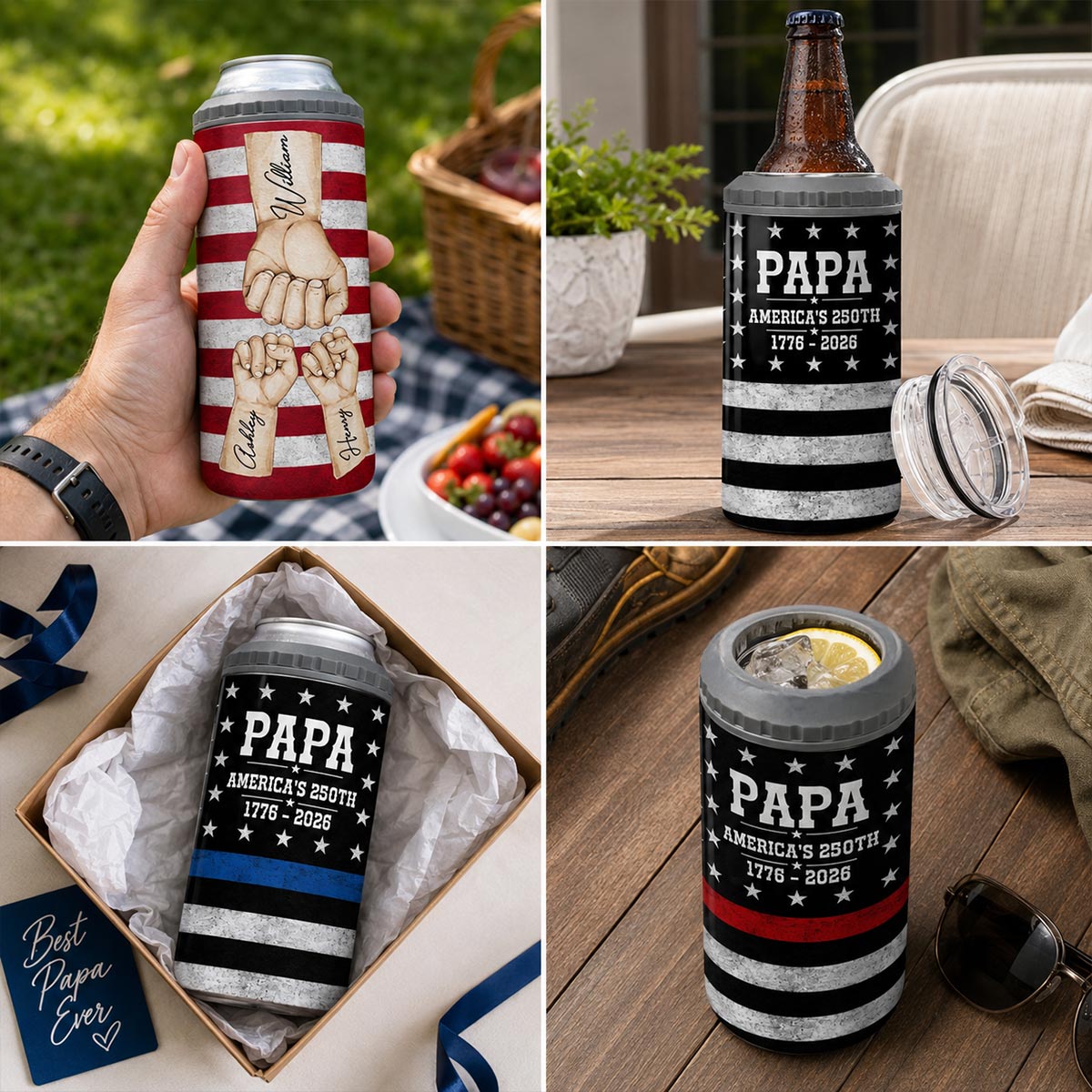Proud American Dad Grandpa & Kids Fist Bumps - Personalized 4-in-1 Can Cooler - 4th Of July, American 250th Anniversary Gift For Patriotic Dad, Grandpa