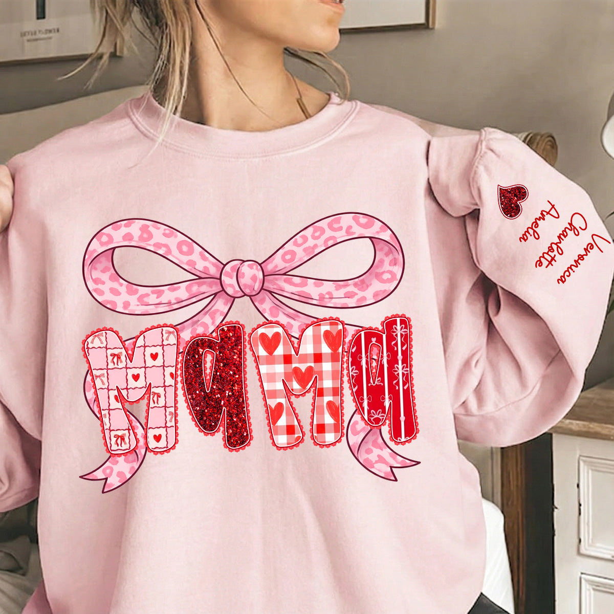 Preppy Valentine Pattern Grandma Mom Nana With Kids Name - Personalized Sleeve Printed Sweatshirt - Valentine's Day Gift For Grandma