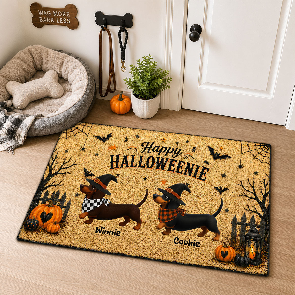 Halloween Dachshund Happy Halloweenie - Personalized Doormat - Halloween Decorations For Dachshund Lovers