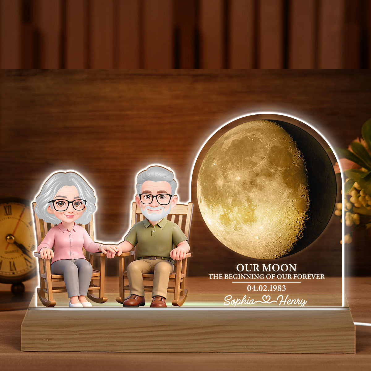Old Couple Sitting On Rocking Chair Custom Moon Phase - Personalized Acrylic Plaque LED Night Light