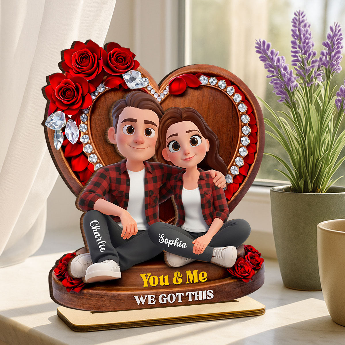 Couple Sitting Rose Heart - Personalized 2-Layered Wooden Plaque - Heartfelt Valentine's Day Gift for Her, for Him