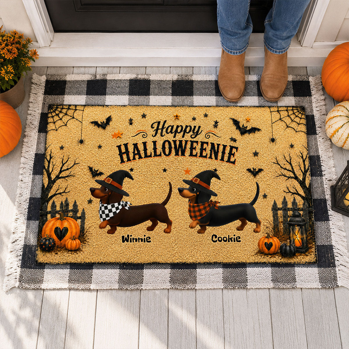 Halloween Dachshund Happy Halloweenie - Personalized Doormat - Halloween Decorations For Dachshund Lovers