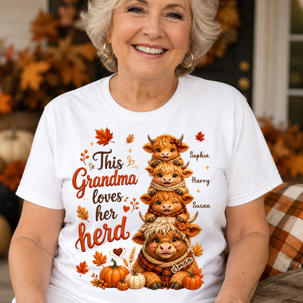 Grandma Grandkids Highland Cow Autumn - Personalized Shirt - Fall Season Gift, Gift For Grandma