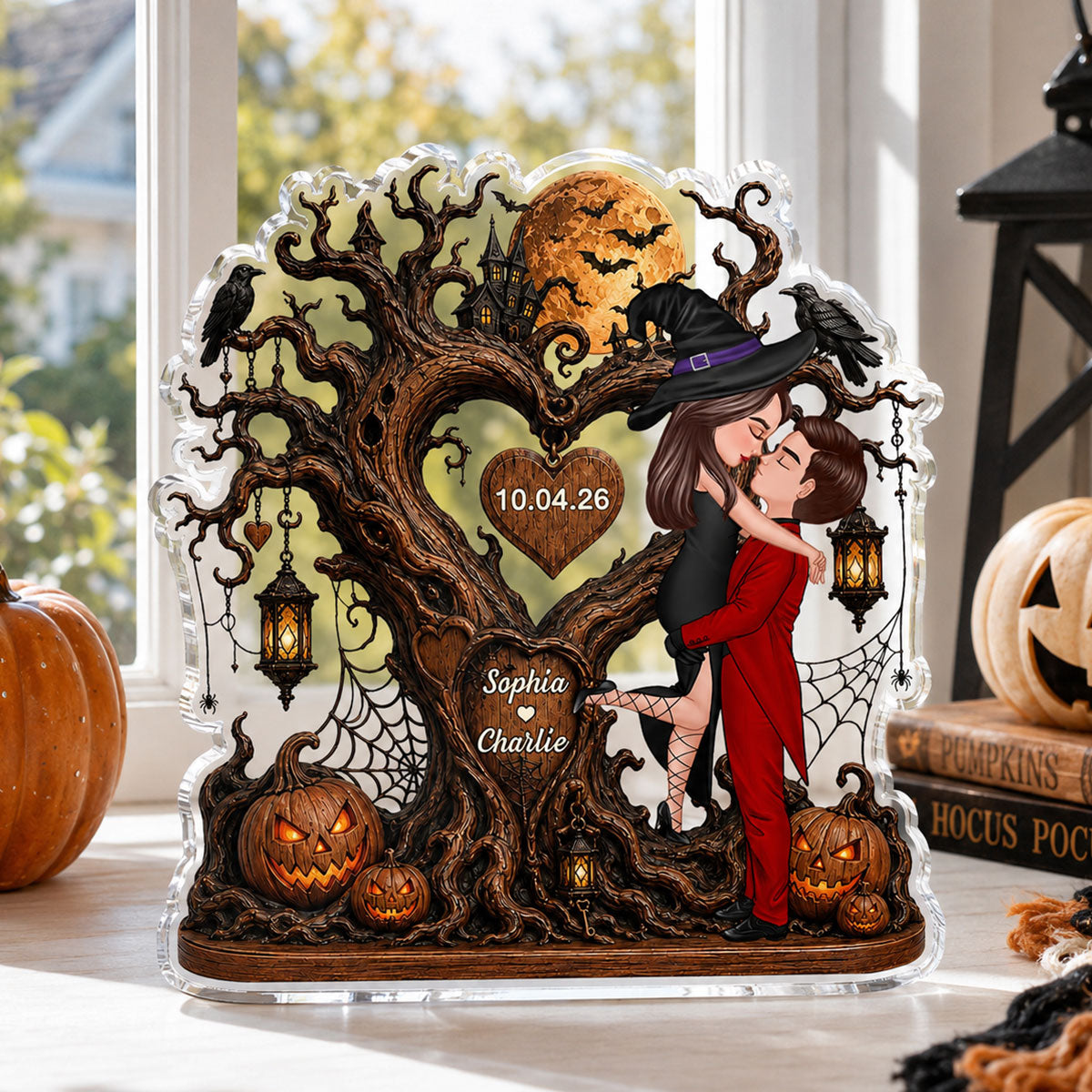 Heart Tree Couple Kissing - Personalized Acrylic Plaque - Halloween Gift For Couple, Him, Her