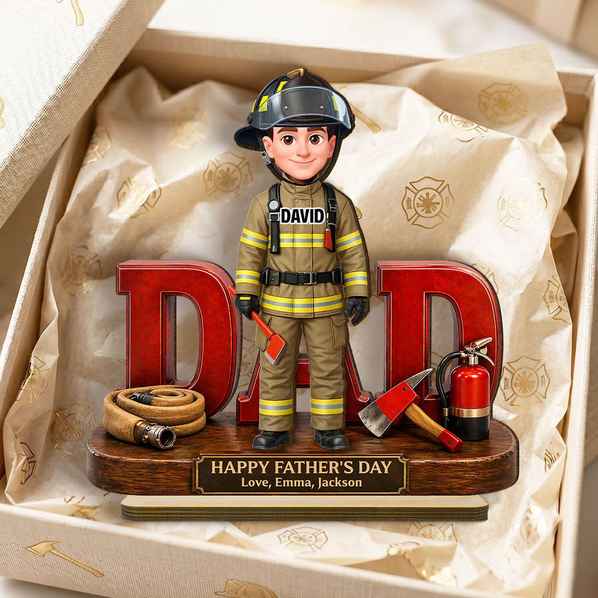 Proud American Firefighter Dad - Personalized 2-Layered Wooden Plaque -  Gift For Dad
