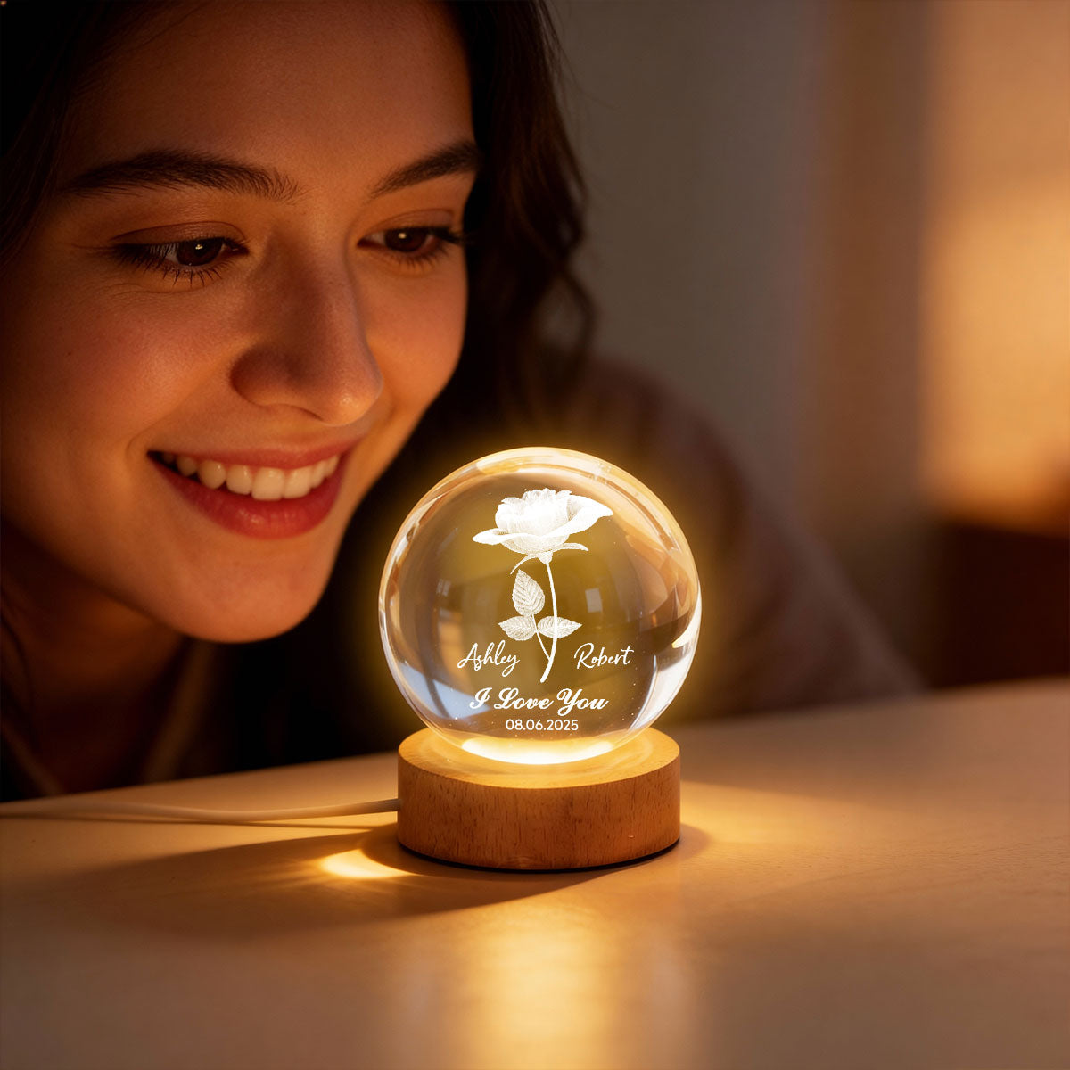 Eternal Love Rose I Love You - Personalized Crystal Ball LED Night Light - Valentine's Day Gift For Couple, For Her, For Him