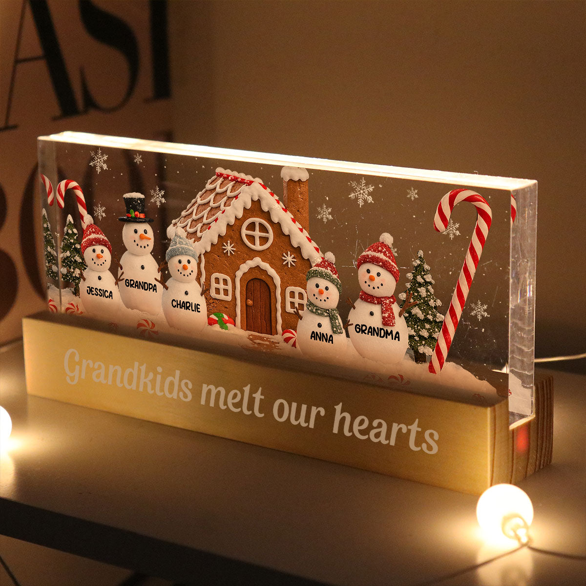 3D Effect Snowman Family Grandparents In Snow - Personalized Acrylic Block LED Night Light - Christmas Decor For Grandma, Family