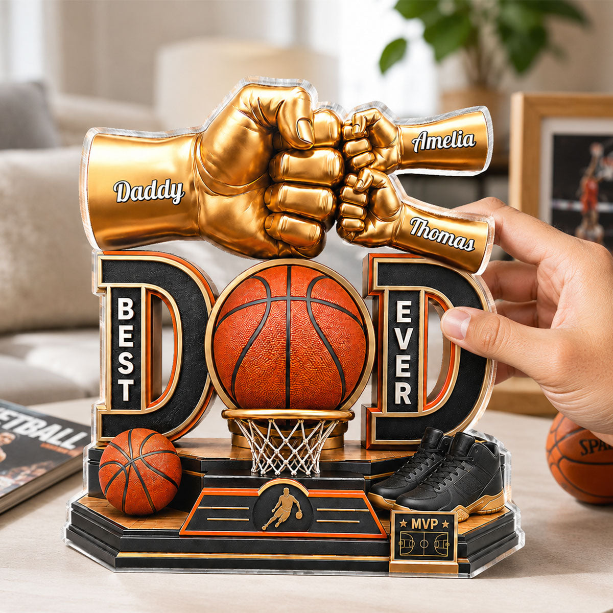 Basketball Dad & Kids Fist Bump - Personalized Acrylic Block Plaque -  Gift For Dad, Husband