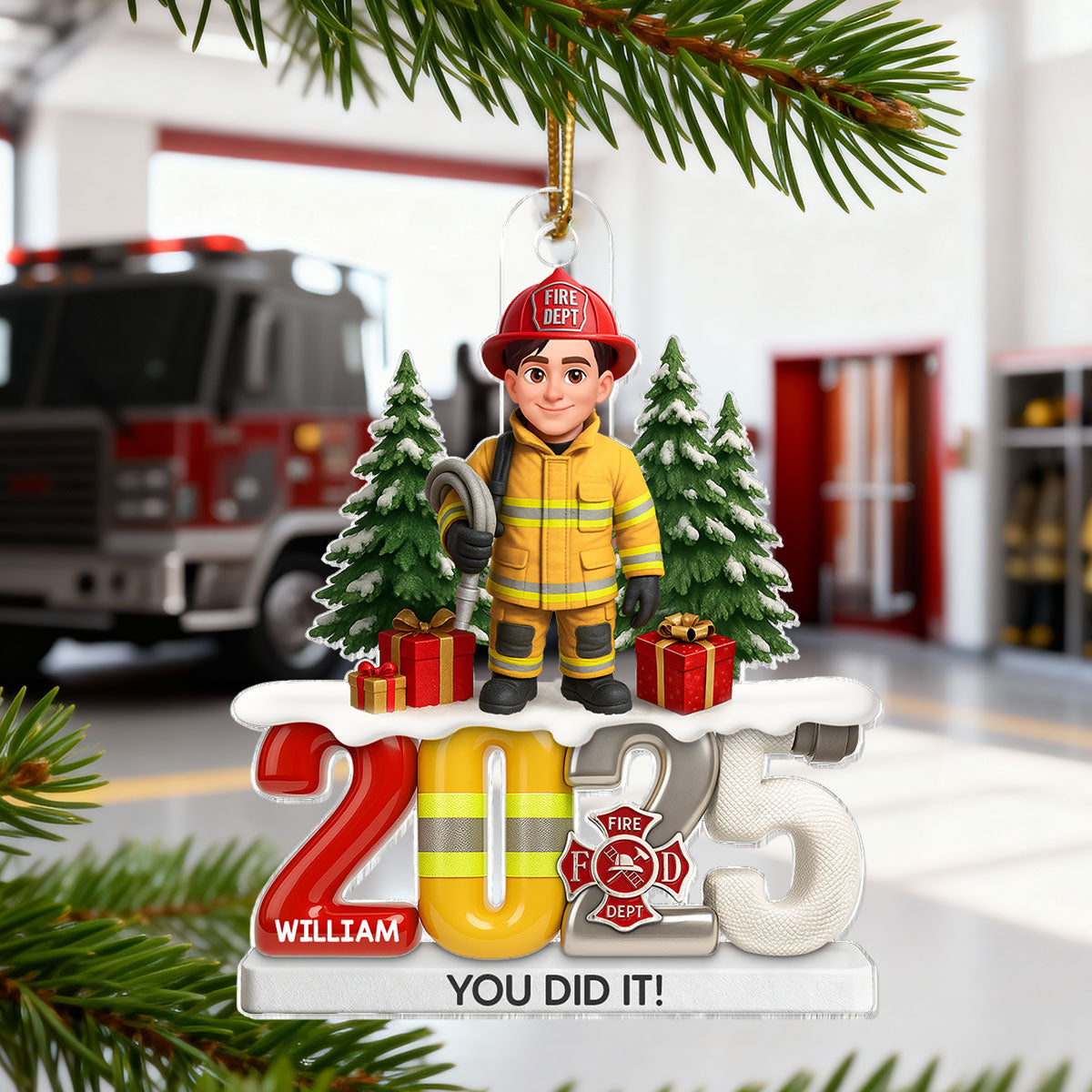 2025 Firefighter Christmas Tree You Did It - Personalized Acrylic Ornament - Fire Academy Graduation Gift, Promotion Gift