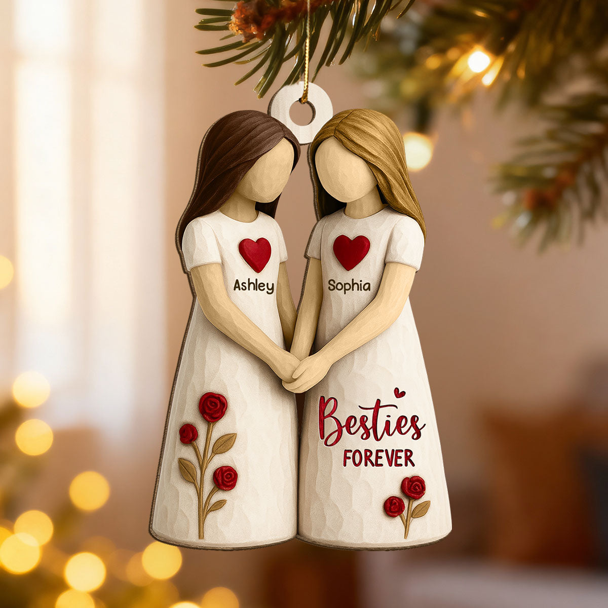 3D Effect Roses Besties Forever Together - Personalized Wooden Ornament - Christmas Gift For Best Friends