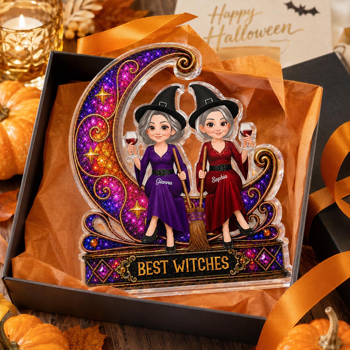 Pretty Witches Sitting On Moon Sparkle 2D Flat - Personalized Acrylic Block - Halloween Decoration