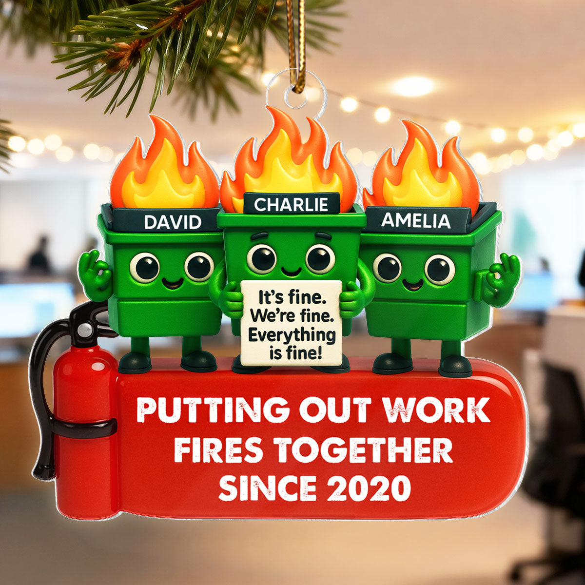Funny Dumpster Fire Office Chaos - Personalized Acrylic Ornament - Funny Christmas Gift, White Elephant Gift for Coworkers