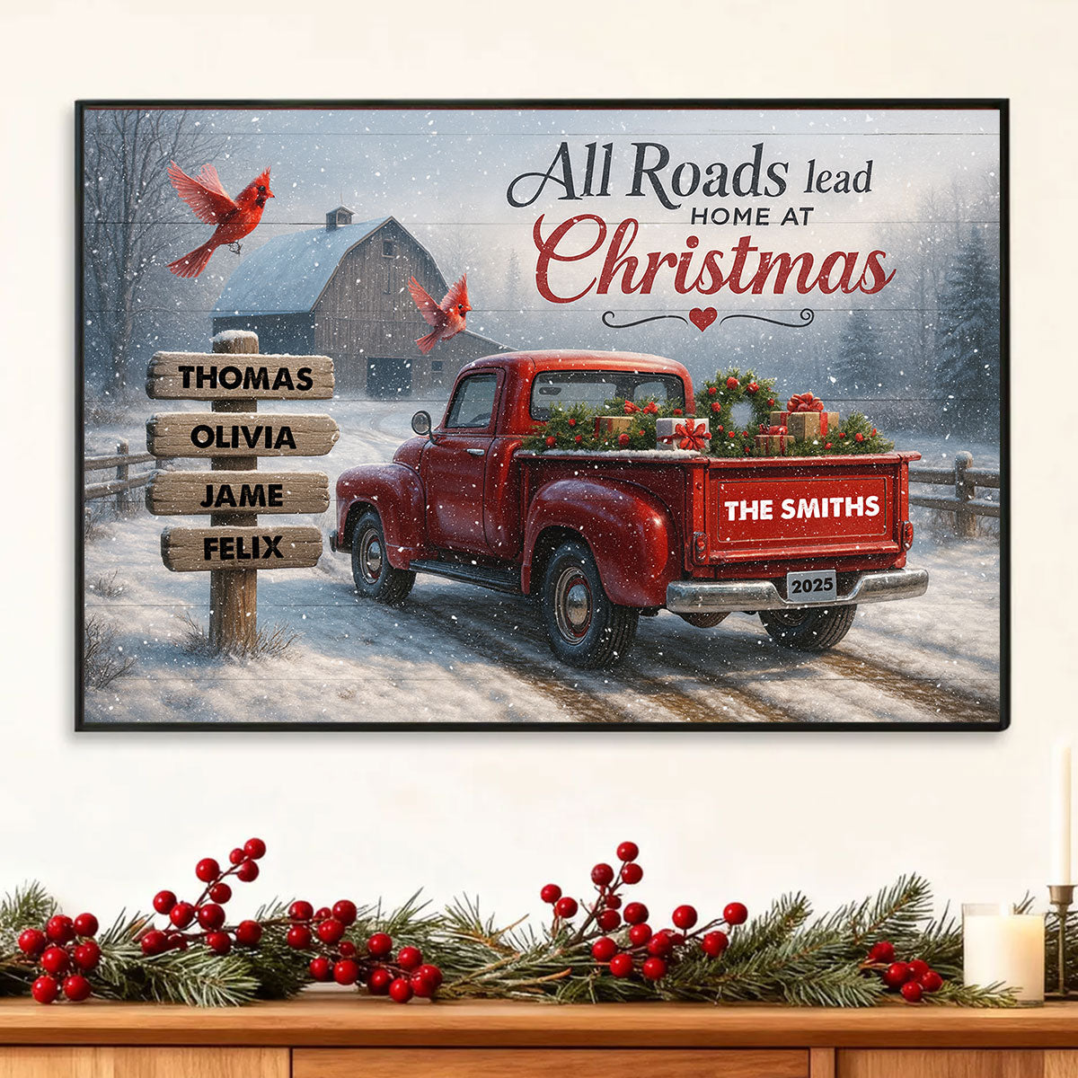 All Roads Lead Home at Christmas - Personalized Poster - Family Christmas Sign with Names, Christmas Home Decor