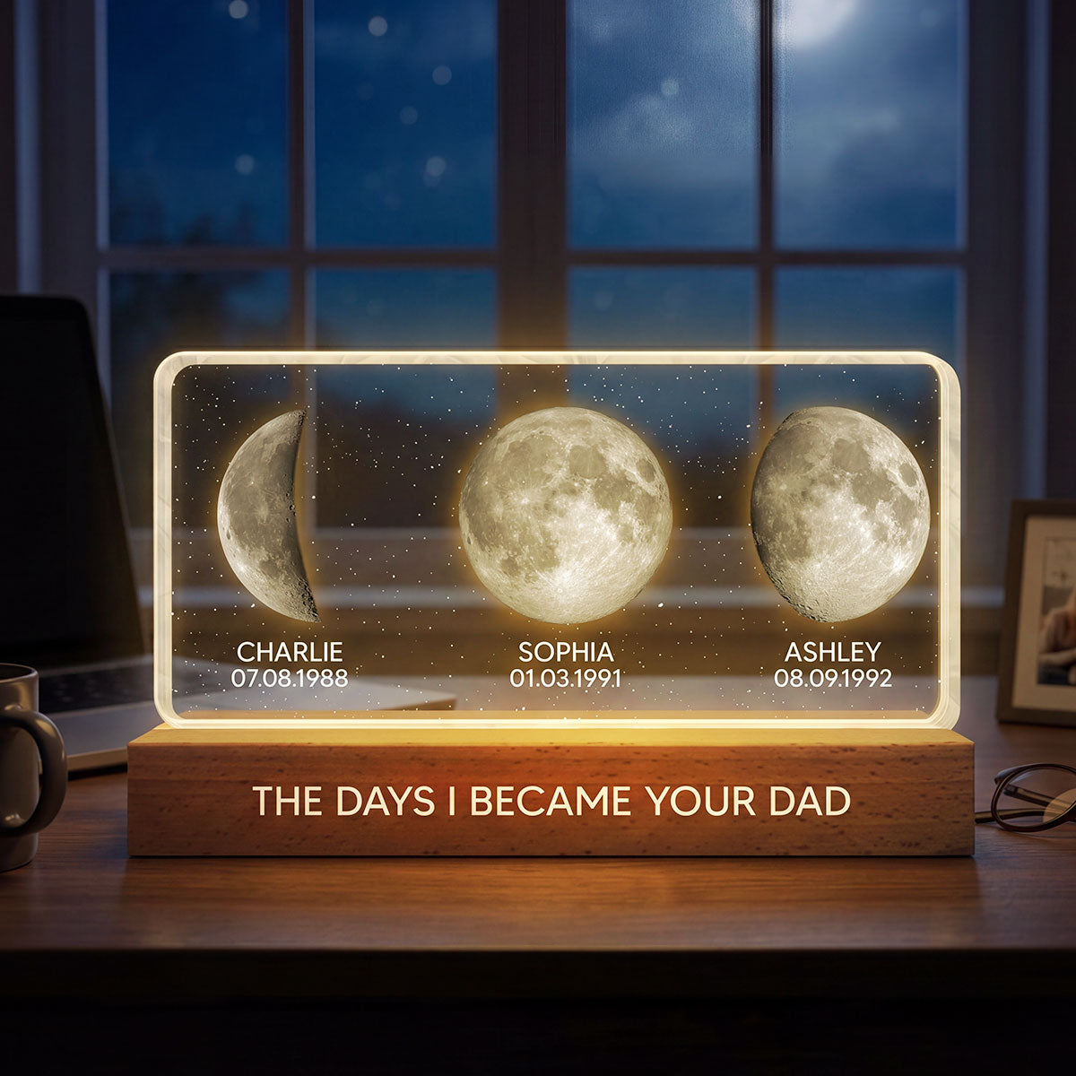 The Days You Became Our Dad Custom Children Birthdate Moon Phase - Personalized Acrylic Block LED Night Light - Heartfelt Father's Day For Dad