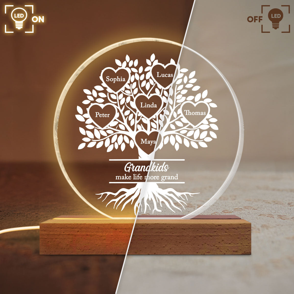 Grandkids Make Life More Grand - Personalized Acrylic Block LED Night Light - Heartfelt Gift for Grandma