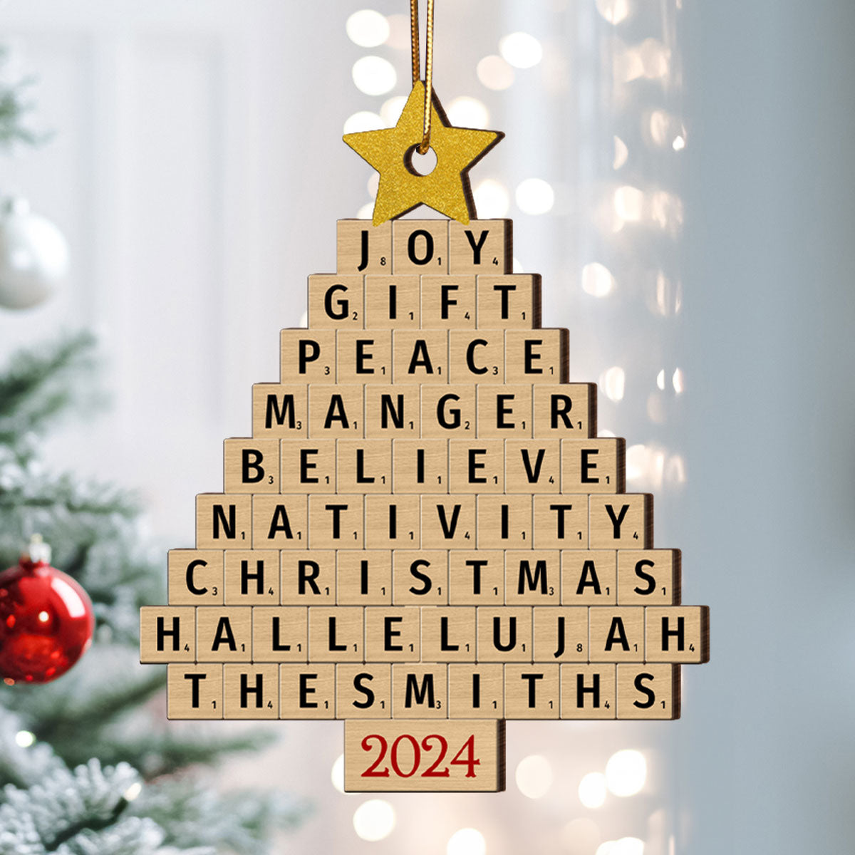 Joy Gift Peace Manger Scrabble Christmas Tree Personalized Wooden Ornament, Custom Family Name, Christmas Gift for Loved Ones