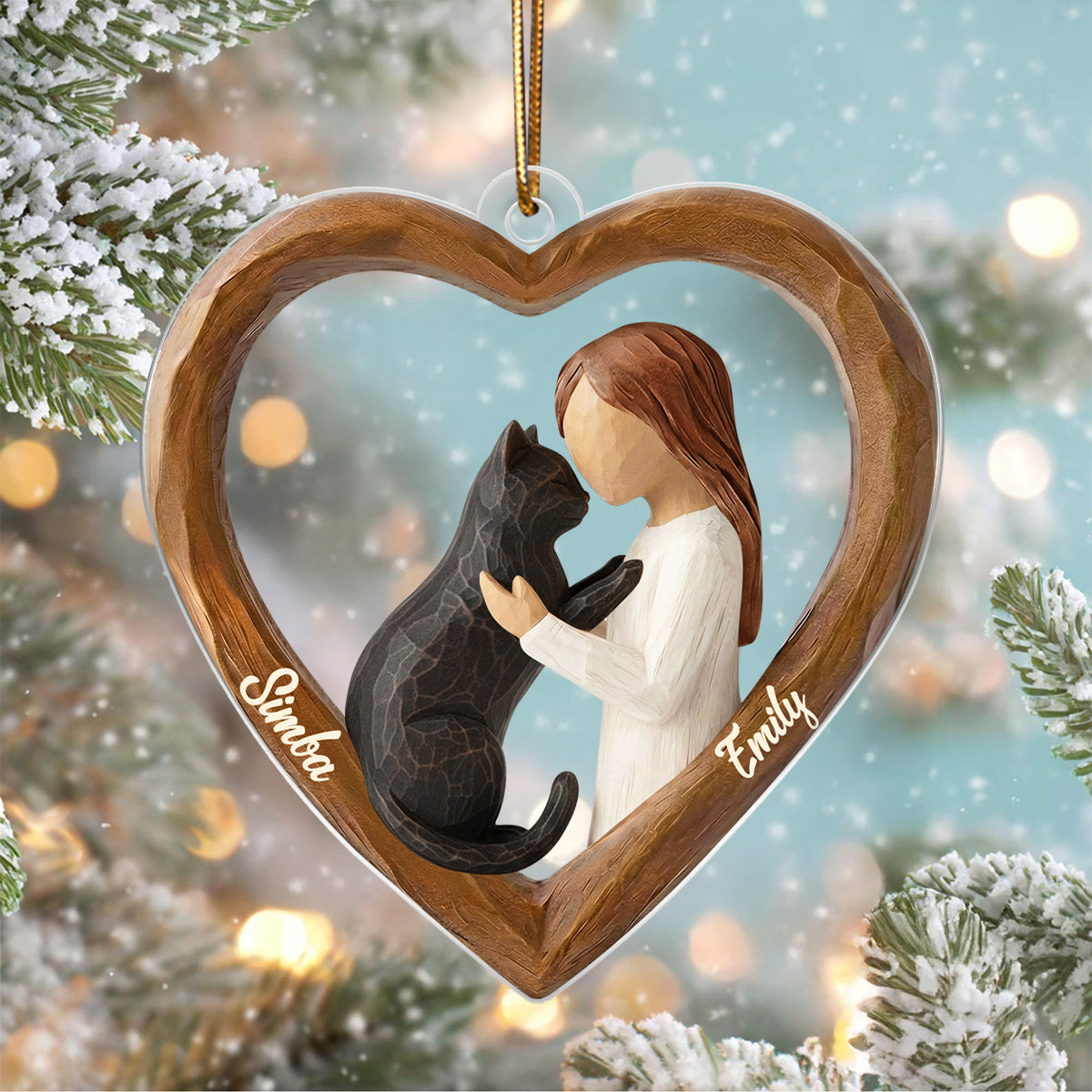 A Girl and Her Cat 3D Wooden Effect - Personalized Acrylic Ornament – Custom Girl and Cat, Keepsake Christmas Gift for Cat Moms