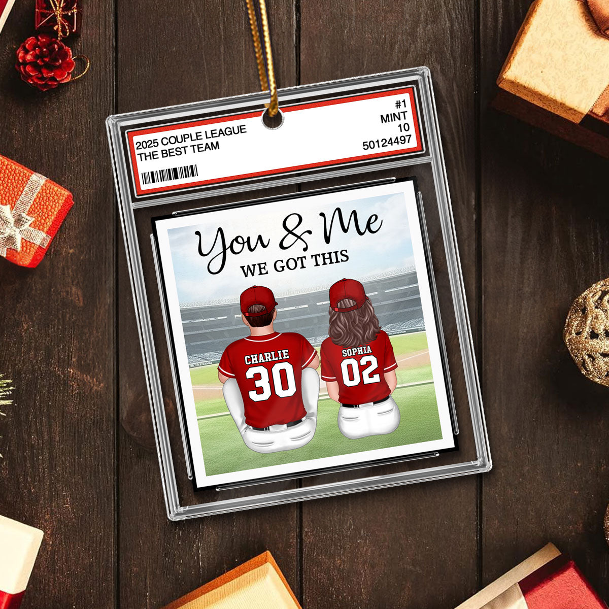 Baseball Couple Sitting Back View Trading Card Style - Personalized Acrylic Ornament