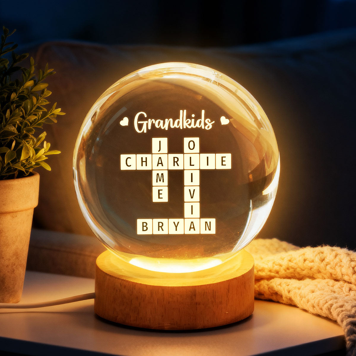 Grandkids Crossword Puzzle Art - Personalized Crystal Ball LED Night Light - Heartfelt Gift For Grandma, Gift For Mom
