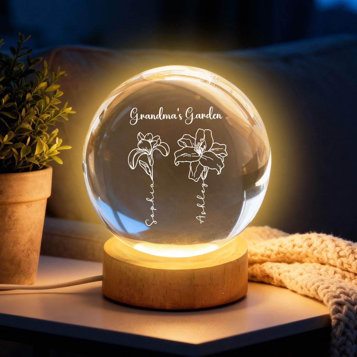 Grandma Garden Custom Birth Month Flowers - Personalized Crystal Ball LED Night Light - Heartfelt Gift For Grandma