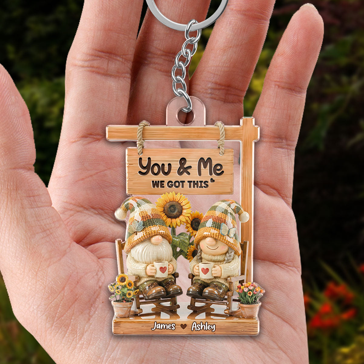 3D Effect Gnome Couple Sitting On Rocking Chair - Personalized Acrylic Keychain - Anniversary, Valentine's Day Gift For Him, Gift For Her