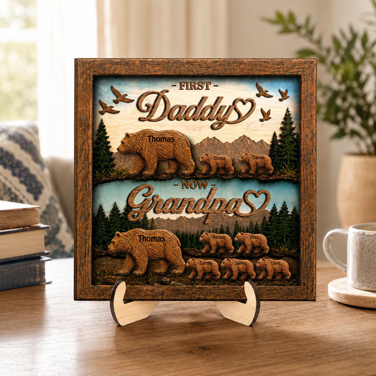 First Dad Now Grandpa Bear with Kids Name - Personalized 2-Layered Wooden Plaque