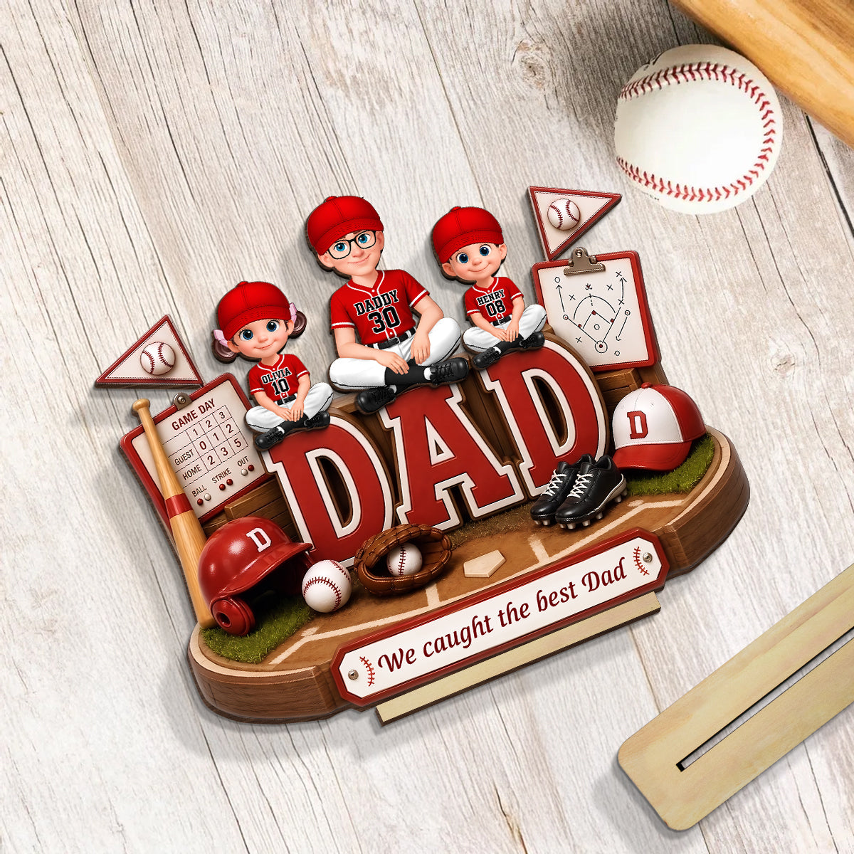 Baseball Dad Kids We Caught The Best Dad - Personalized 2-Layered Wooden Plaque -  Gift For Dad, Husband