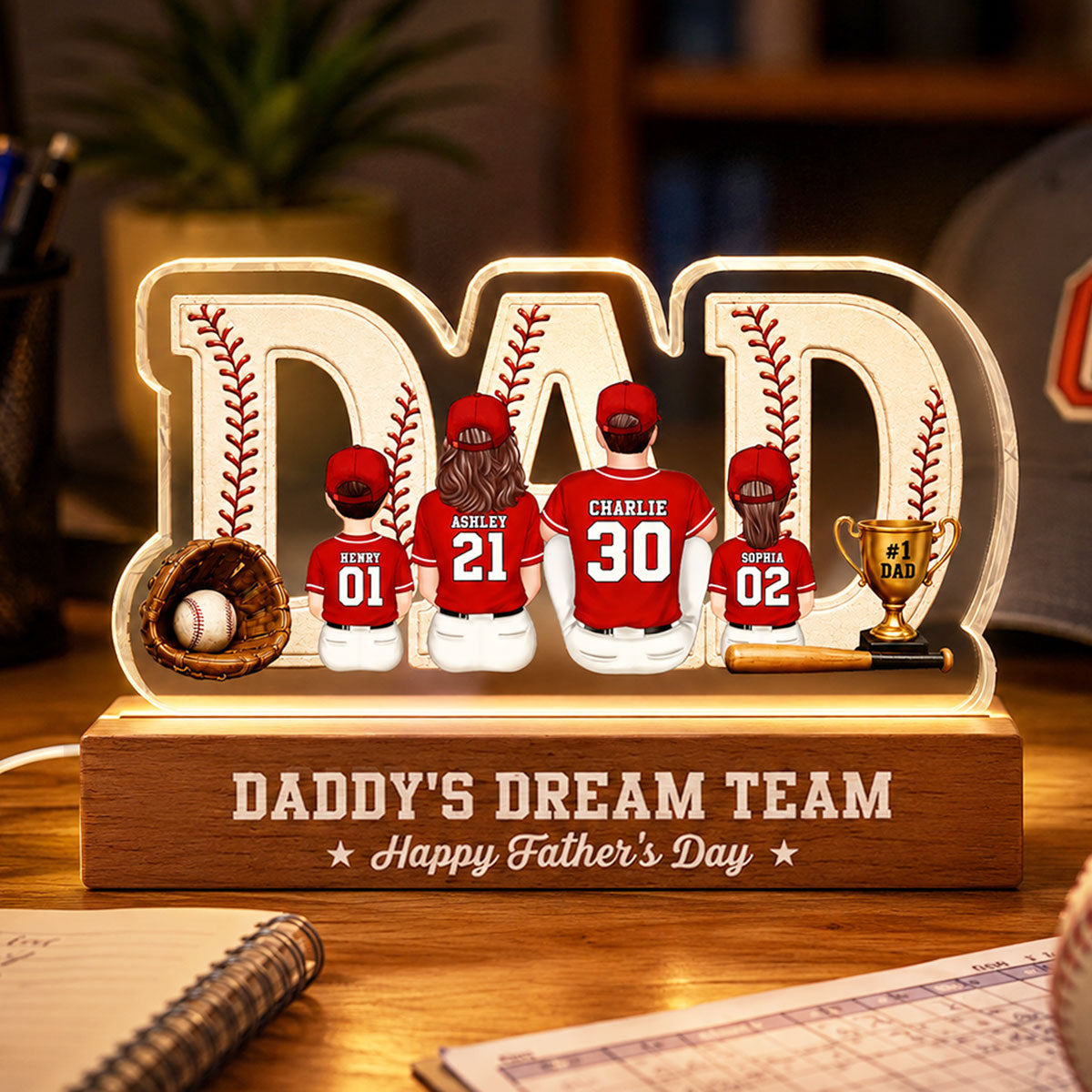 Baseball Family Daddy's Dream Team - Personalized Acrylic Block Plaque LED Night Light - Father's Day Gift For Dad, Husband