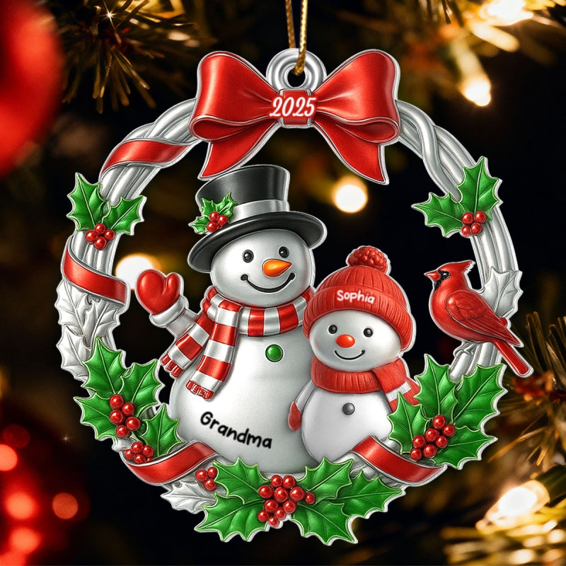 3D Metallic Effect Snowman Grandma Grandkid - Personalized Acrylic Ornament - Christmas Gift for Grandma