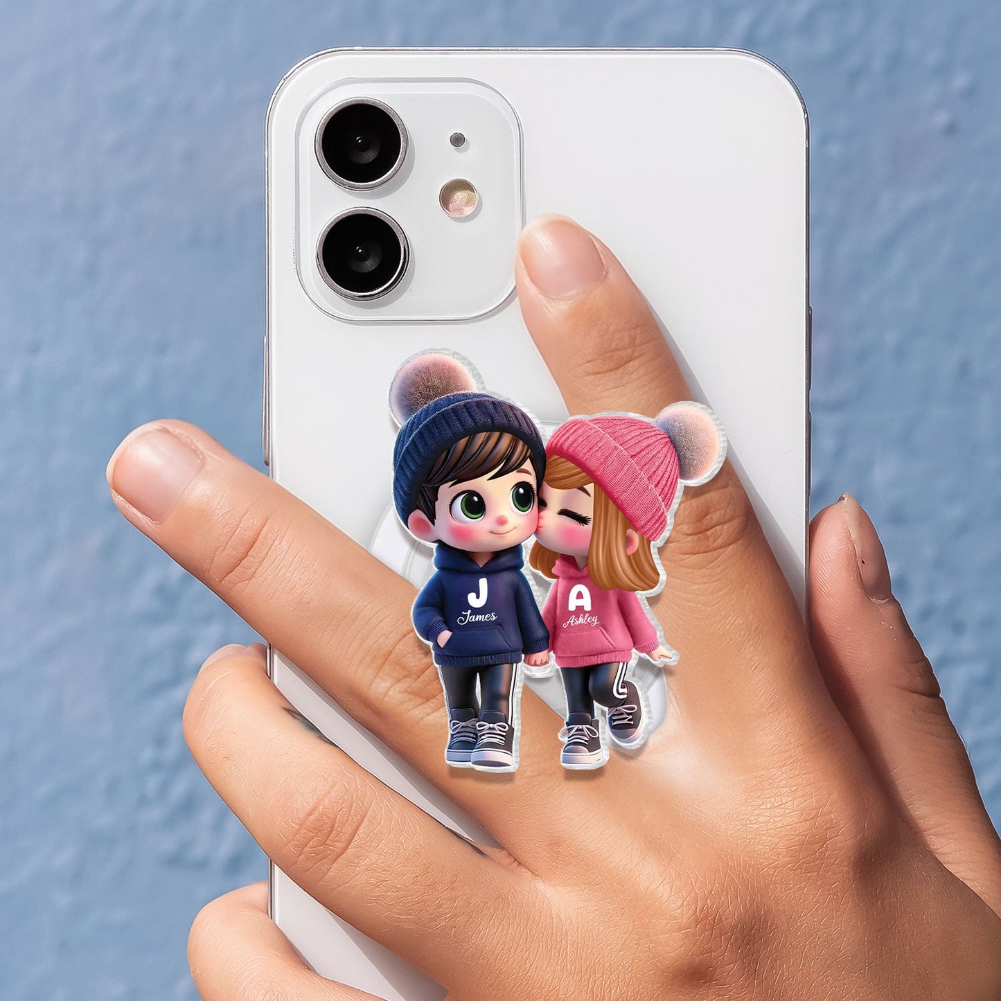 3D Effect Cute Cartoon Couple Walking - Personalized Acrylic Magnetic Phone Grip - Matching Phone Grips for Couples