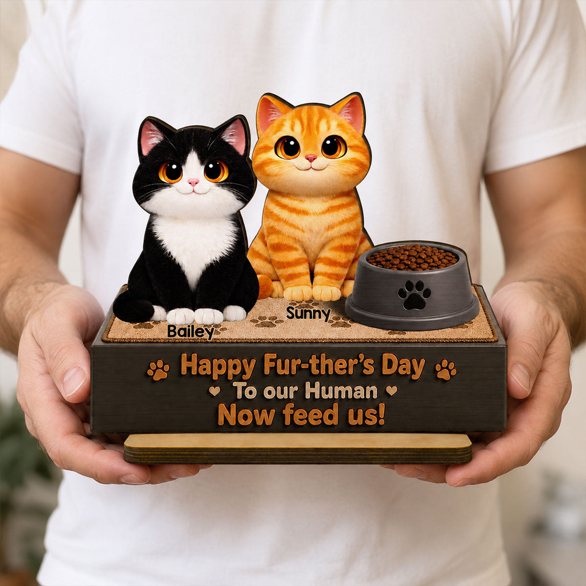 Cute Fluffy Cats Happy Fur-ther's Day Human - Personalized 2-Layered Wooden Plaque - Funny  Gift For Cat Dad, Cat Lovers
