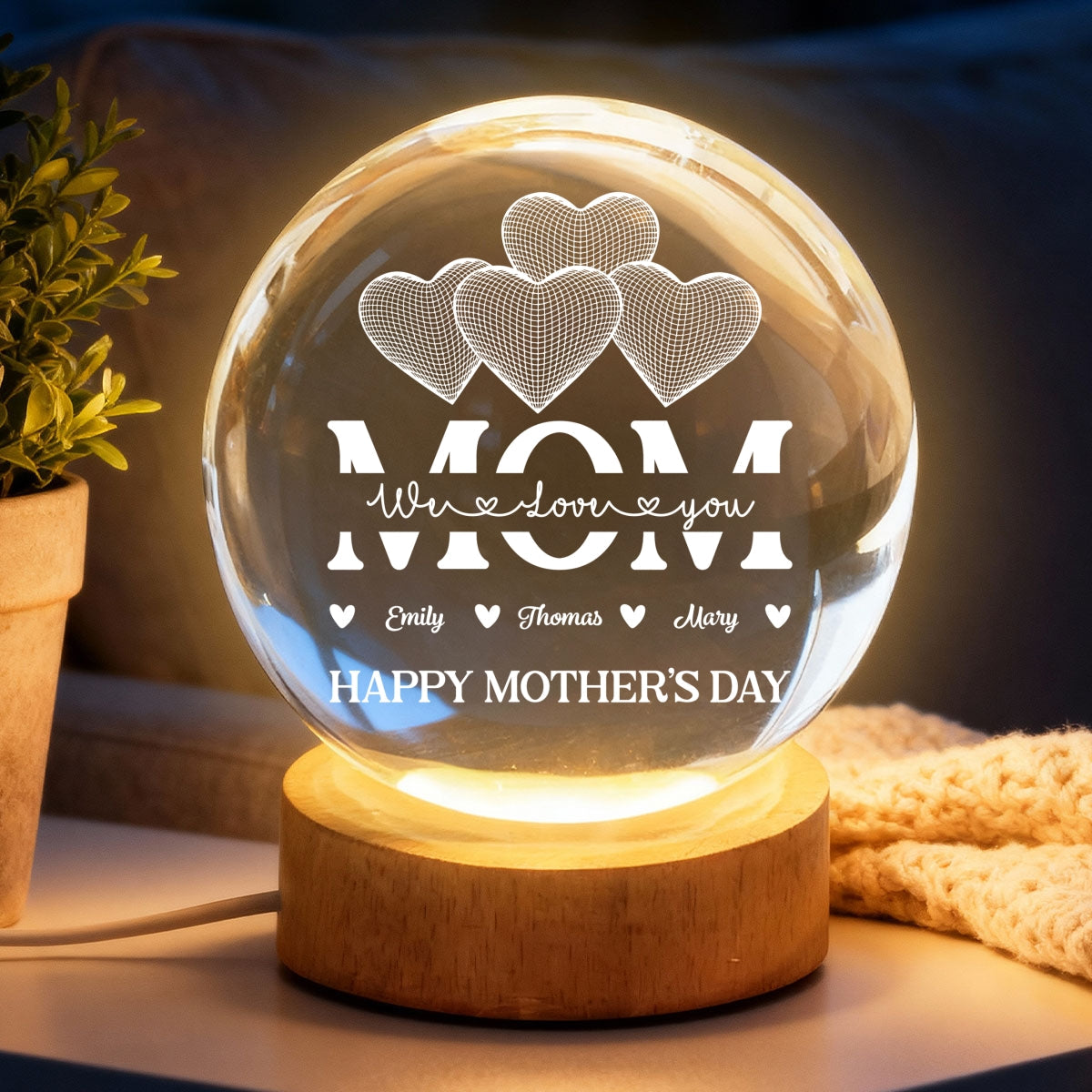 MOM Heart Love - Personalized Crystal Ball LED Night Light - Mother's Day Gift For Mom