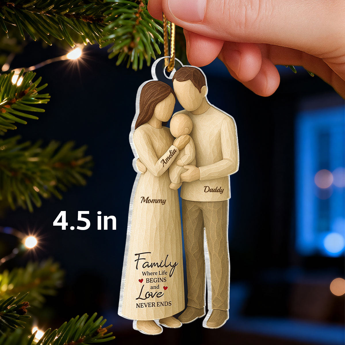 Family Love With Baby Wooden Figurines - Personalized Acrylic Ornament - Heartwarming Christmas Gift For Baby, For Couple, For Family