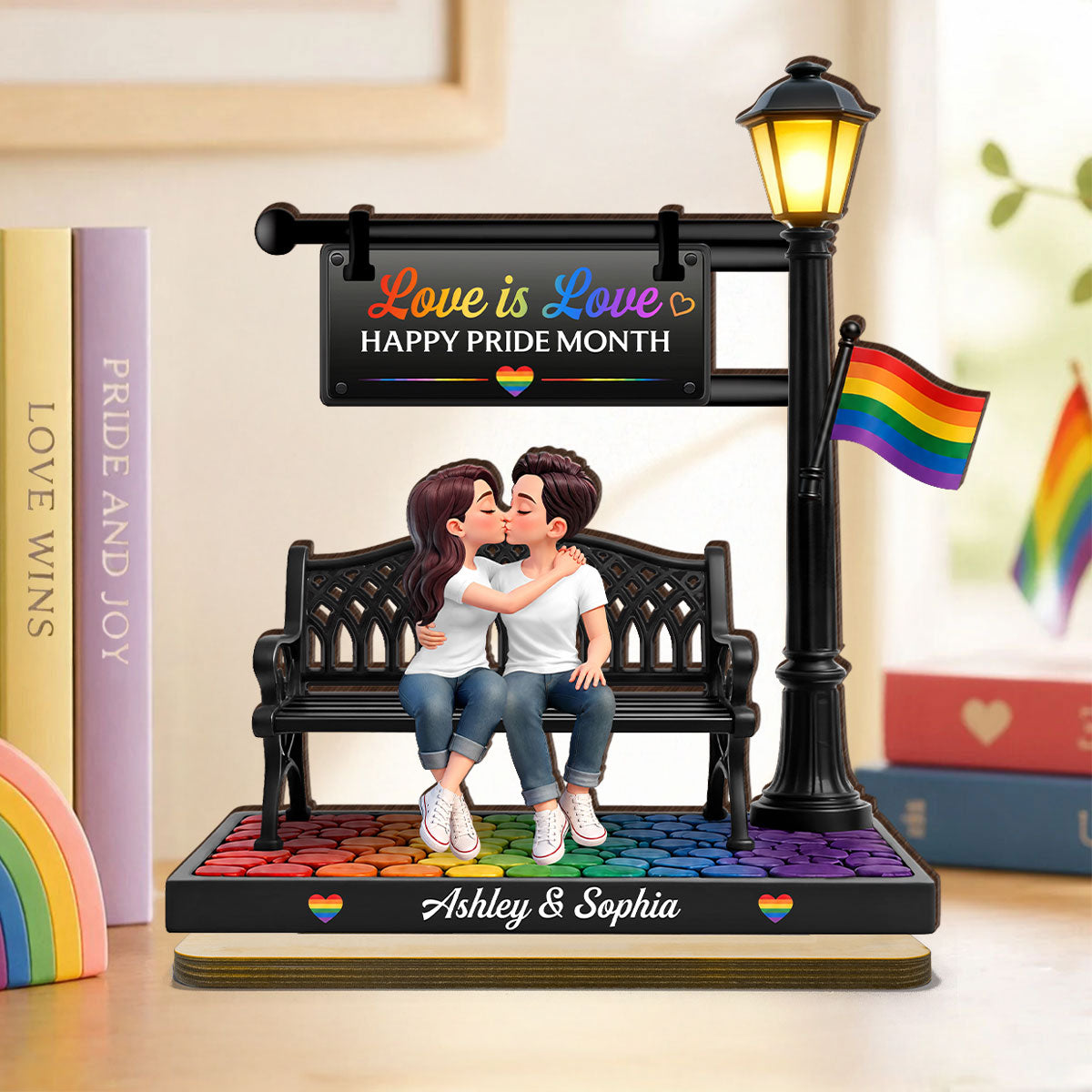 LGBT+ Couple Sitting On Bench Under Lamp Post - Personalized 2-Layered Wooden Plaque - Gift For Couple, Happy Pride Month