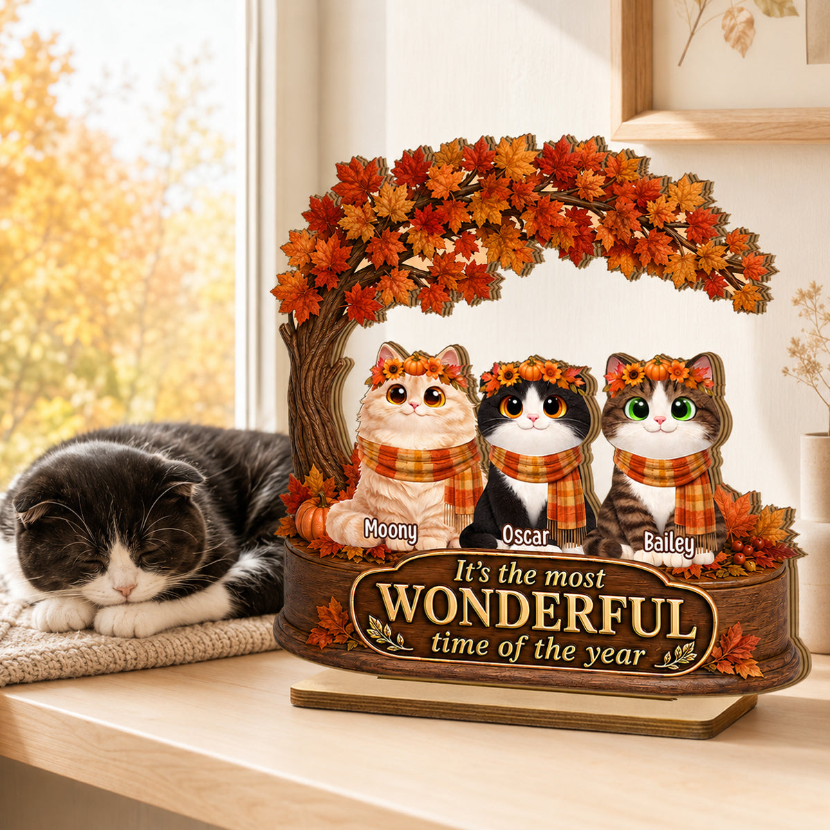 Most Wonderful Time of the Year Cats - Personalized 2-Layered Wooden Plaque - Fall Decor for Cat Lovers