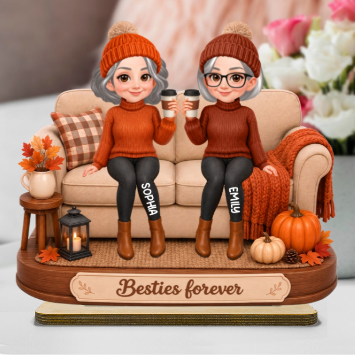 Besties Sisters Sitting On Sofa 2D Flat - Personalized Wooden Plaque - Fall Season Gift