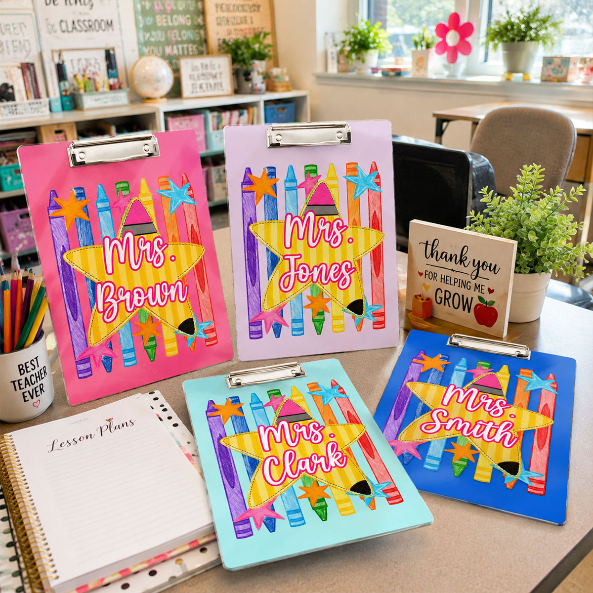 Colorful Crayon Striped Teacher Custom Name - Personalized Clipboard - Teacher Appreciation, Back To School Gift For Teachers, Colleagues