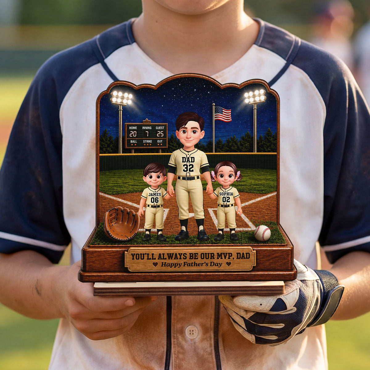 Baseball Dad And Kids Friday Night Lights We Caught The Best Dad - Personalized 2-Layered Wooden Plaque -  Gift For Dad