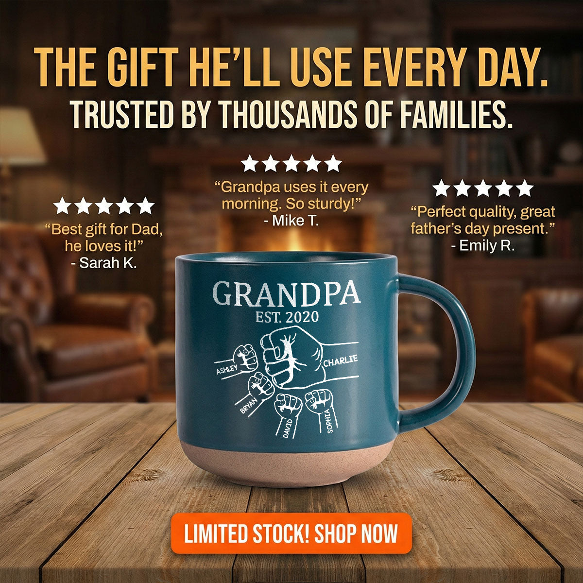 Grandpa Dad Fist Bump - Personalized Pottery Mug - Gift For Grandpa, Dad