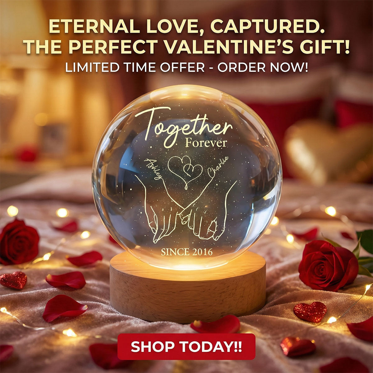 Eternal Love Couple Holding Hands - Personalized Crystal Ball LED Night Light - Valentine's Day Gift For Couple