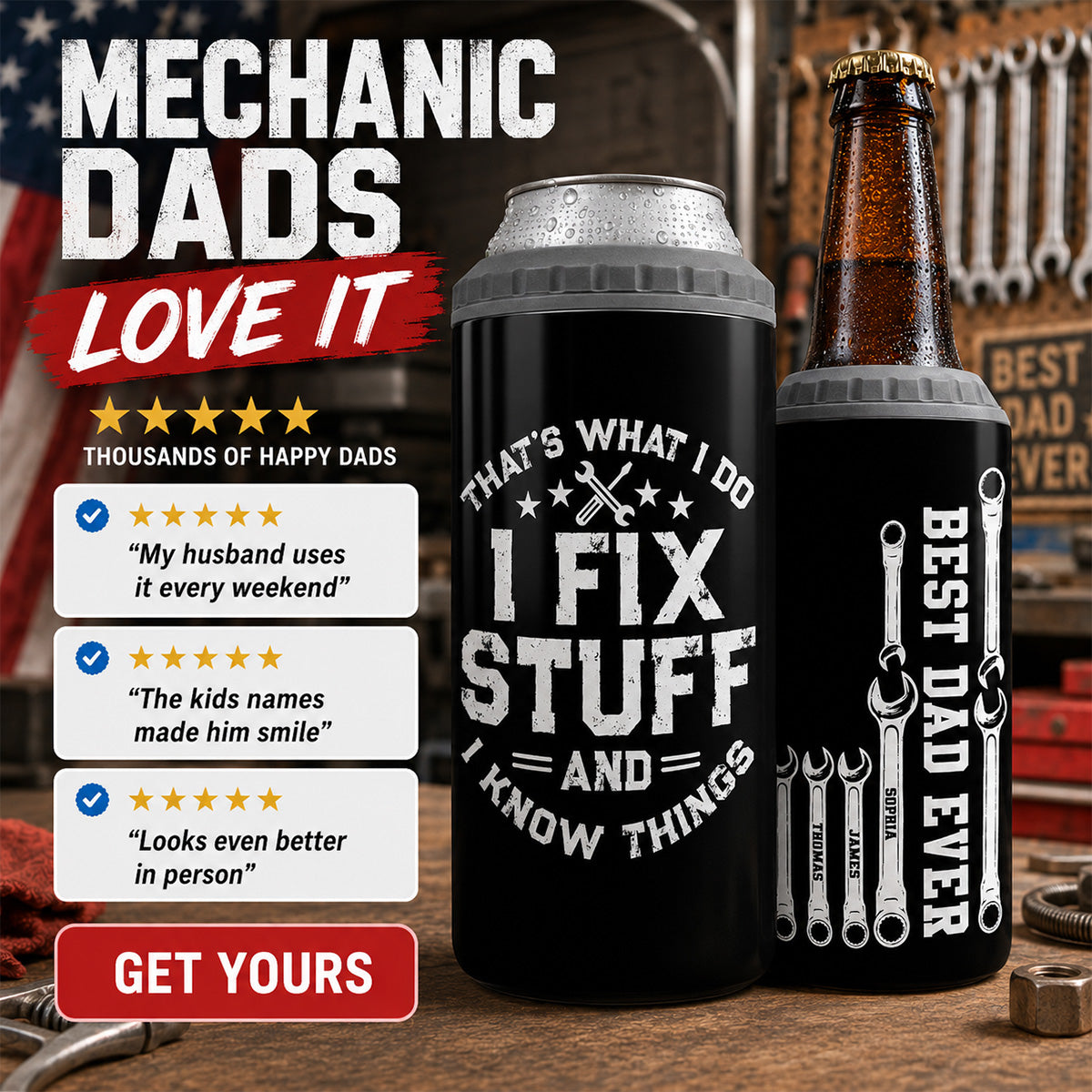 That's What I Do Mechanic Dad - Personalized 4-in-1 Can Cooler - Father's Day Gift For Dad, Grandpa