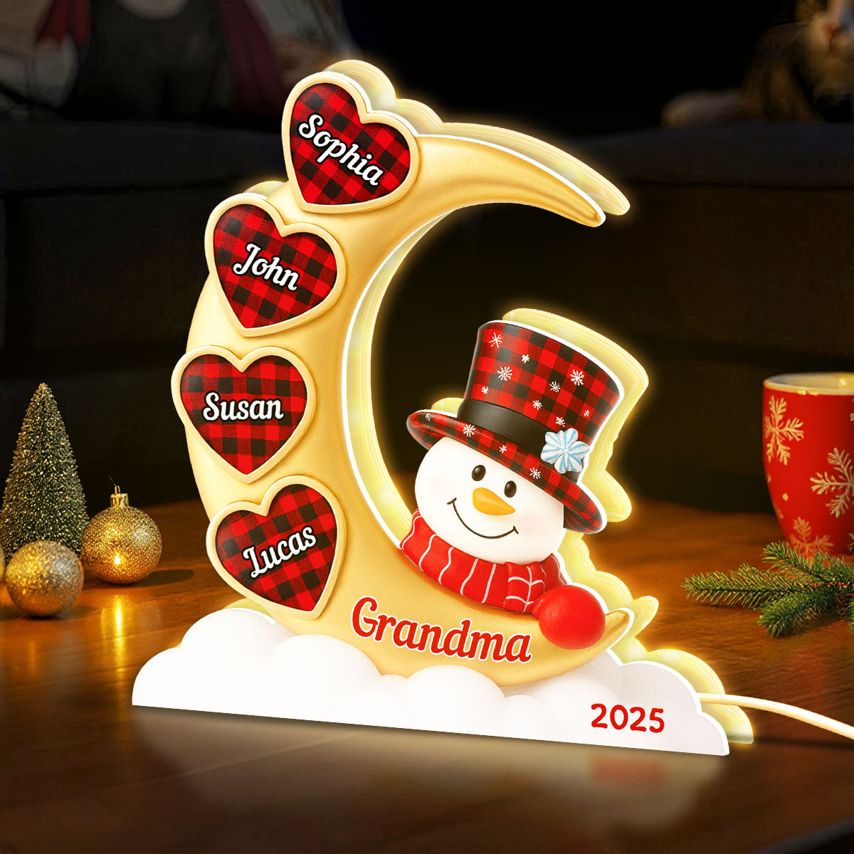 Snowman Grandma And Grandkids On Moon - Personalized Light box - Perfect Christmas Gift for Grandma