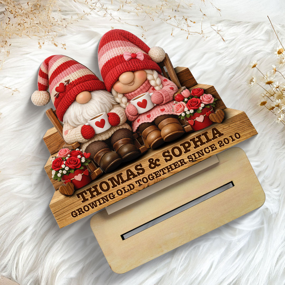 Everlasting Love Valentine Gnome Couple - Personalized 2-Layered Wooden Plaque - Valentine's Day Gift For Couple